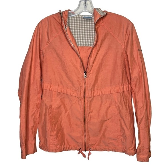 COLUMBIA Hooded Windbreaker Jacket Salmon Drawstring Bottom Cuff Detail - Picture 1 of 7